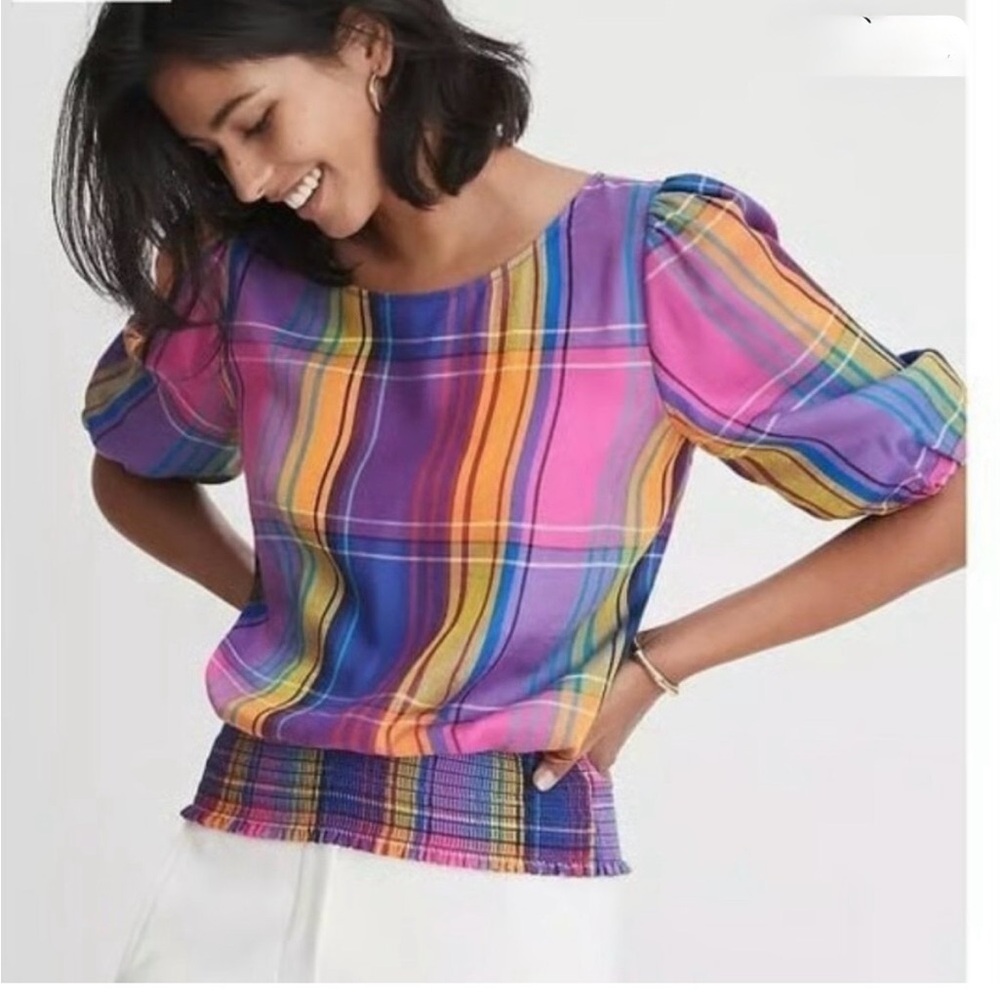 Ann Taylor Petite Colorful Madras Plaid Puff Sleeve Top